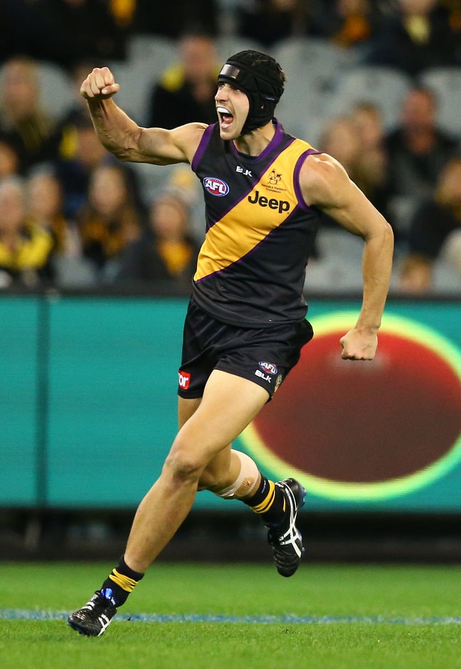 AFL 2016 Rd 08 - Richmond v Sydney MELBOURNE, AUSTRALIA - MAY 14: Ben Griffiths of the Tigers celebrates after kicking a goal during the 2016 AFL Round 08 match between the Richmond Tigers and the Sydney Swans at the Melbourne Cricket Ground, Melbourne on May 14, 2016. (Photo by Scott Barbour/AFL Media)